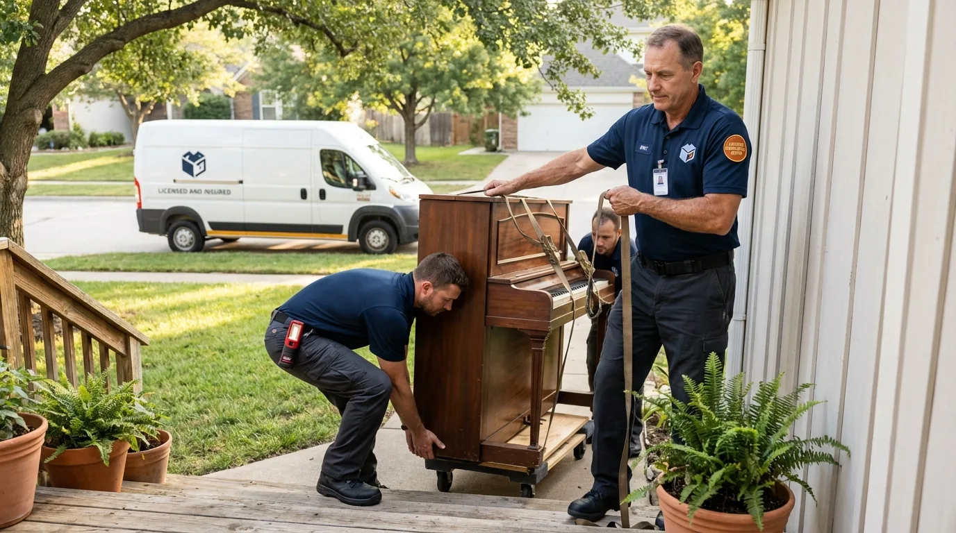 Licensed piano movers securing grand piano in Pleasant Hill, CA