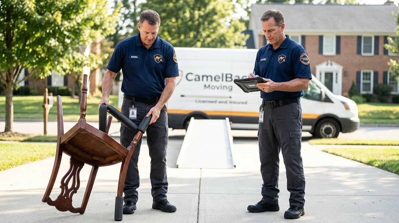 Movers inspecting furniture for damage prevention before loading in Pleasant Hill, CA