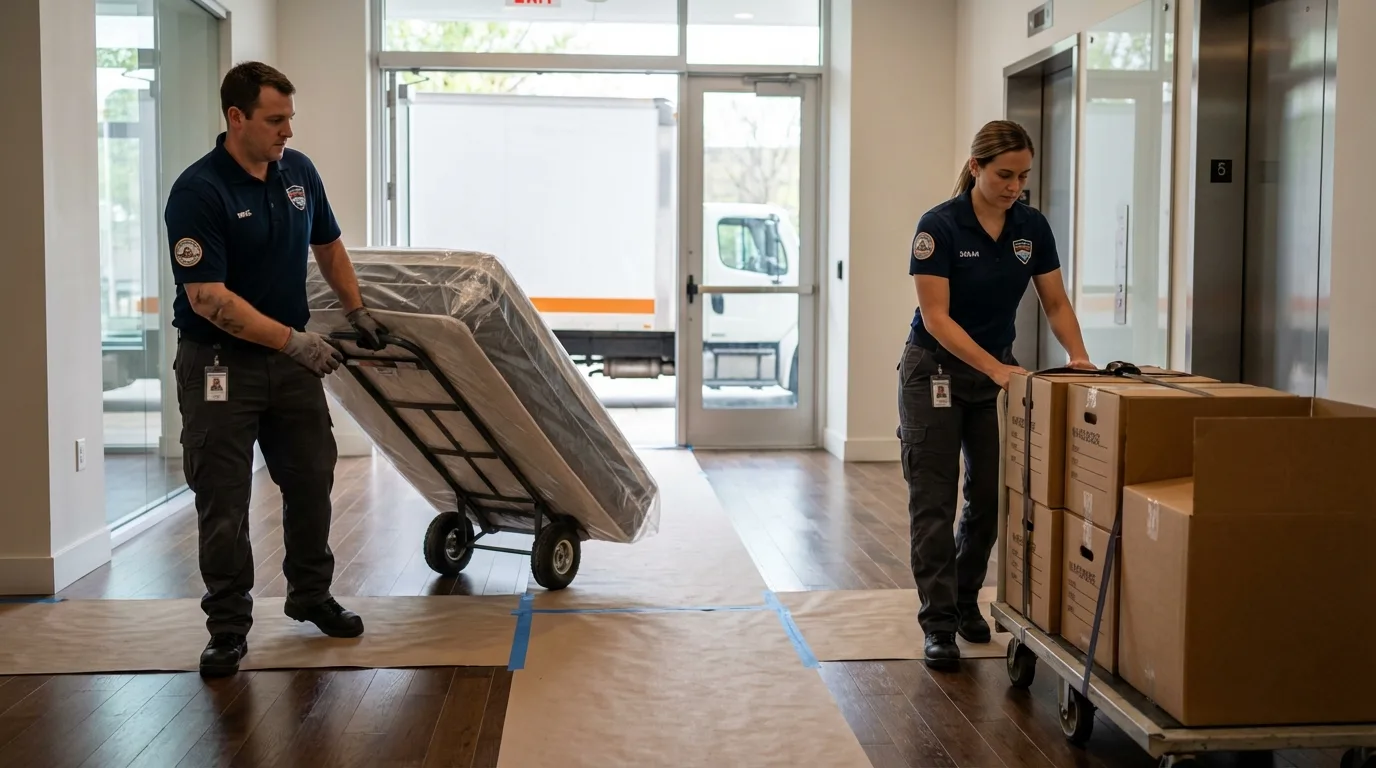 Professional apartment movers loading elevator in Pleasant Hill, CA